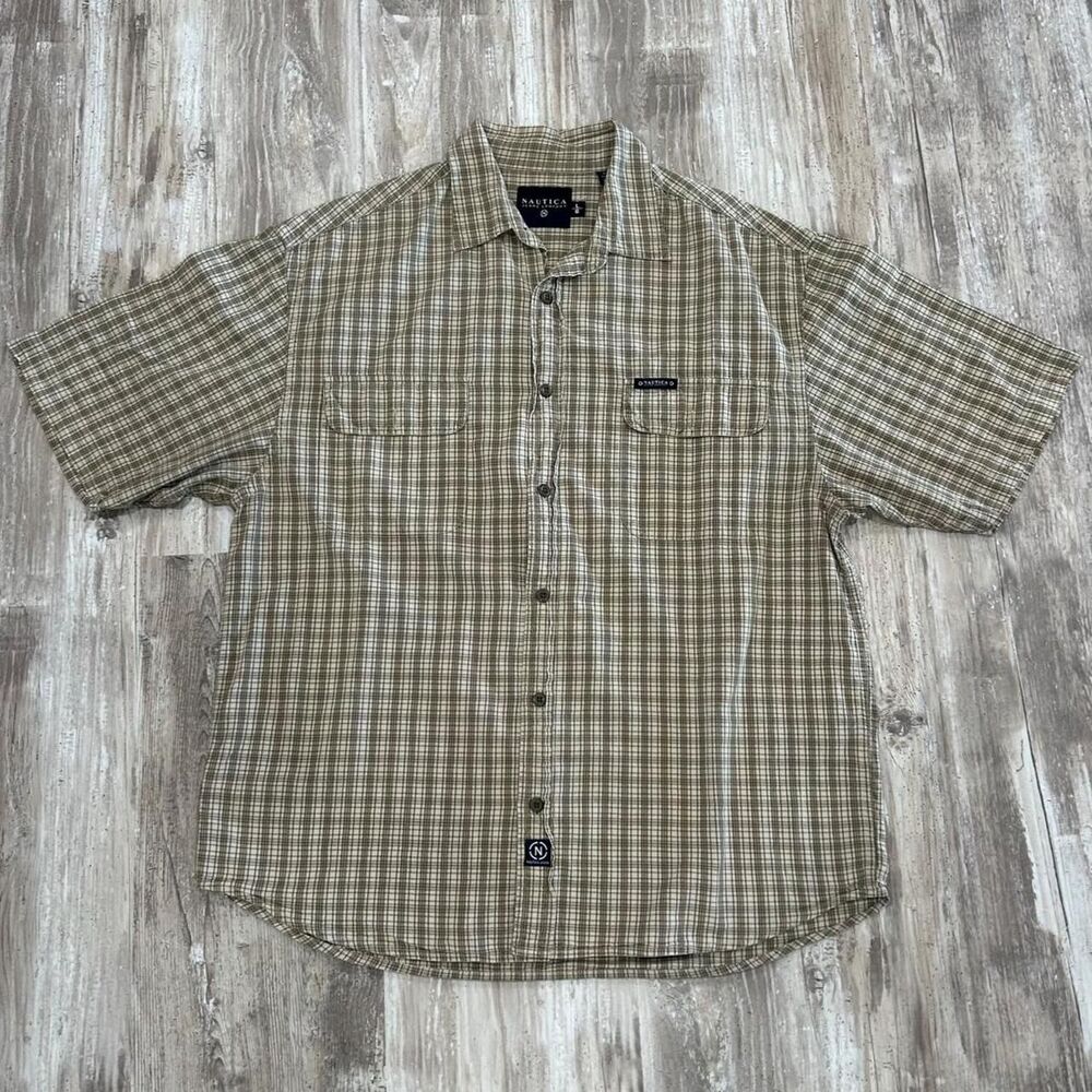 Nautica Men's streetwear skater gorpcore preppy gray/green plaid button up shirt